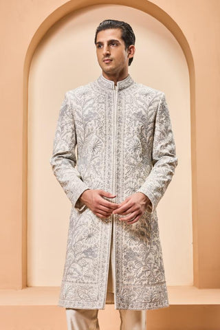 Zari sherwani Indian Wedding Ivory Detailing by Sarab Khanijou