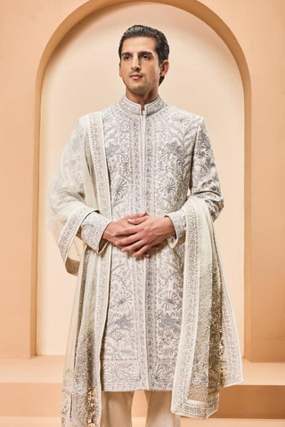 Zari sherwani Indian Wedding Ivory Detailing by Sarab Khanijou