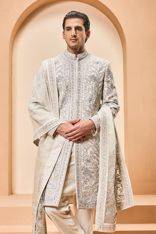 Zari sherwani Indian Wedding Ivory Detailing by Sarab Khanijou