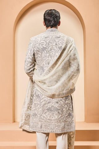 Zari sherwani Indian Wedding Ivory Detailing by Sarab Khanijou
