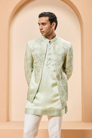 Bandhgala set Indian Wedding - Green Open by Sarab Khanijou