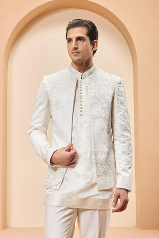 Bandhgala set Indian Wedding - Ivory Open by Sarab Khanijou