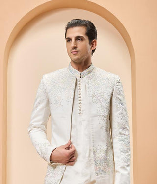 Bandhgala set Indian Wedding - Ivory Open by Sarab Khanijou