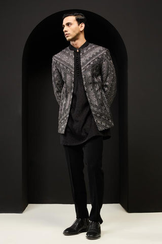 Bandhgala set Indian Wedding - Black Zari Open by Sarab Khanijou