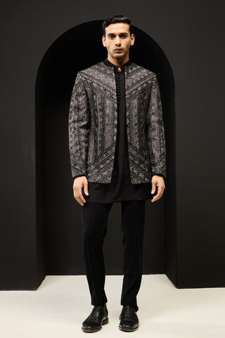 Bandhgala set Indian Wedding - Black Zari Open by Sarab Khanijou