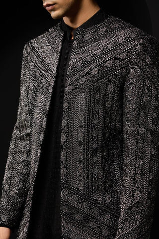 Bandhgala set Indian Wedding - Black Zari Open by Sarab Khanijou