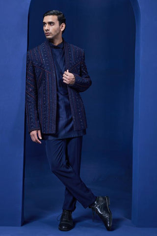 Bandhgala set Indian Wedding - Navy blue Pearl Work Open by Sarab Khanijou