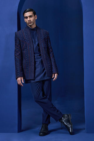 Bandhgala set Indian Wedding - Navy blue Pearl Work Open by Sarab Khanijou