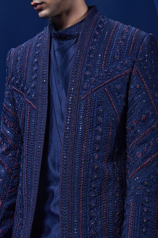 Bandhgala set Indian Wedding - Navy blue Pearl Work Open by Sarab Khanijou