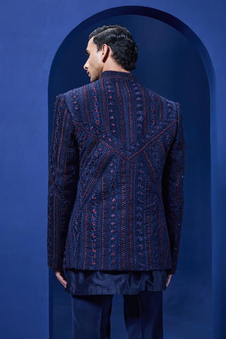 Bandhgala set Indian Wedding - Navy blue Pearl Work Open by Sarab Khanijou