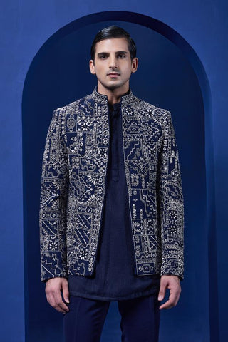 Bandhgala set Indian Wedding - Navy blue Sequins Pearl by Sarab Khanijou