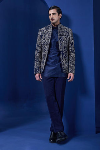 Bandhgala set Indian Wedding - Navy blue Sequins Pearl by Sarab Khanijou