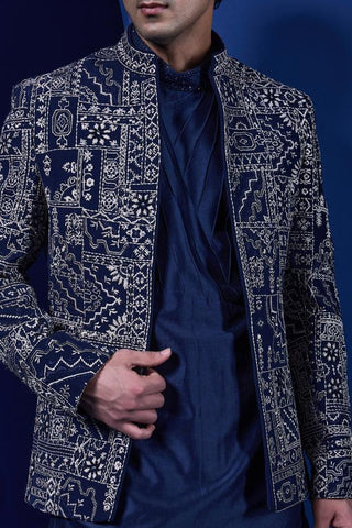 Bandhgala set Indian Wedding - Navy blue Sequins Pearl by Sarab Khanijou