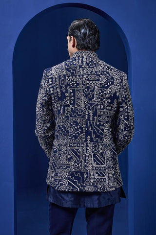 Bandhgala set Indian Wedding - Navy blue Sequins Pearl by Sarab Khanijou