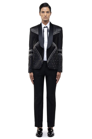 Black rhinestone embellished open lapel tuxedo set