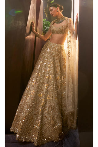 Mirror Work Lehenga Set Indian Wedding Silver Tissue by Tamanna Punjabi Kapoor