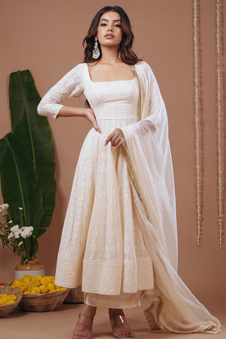 Anarkali suit for Indian Wedding – Ivory Chikankari by AHI Clothing