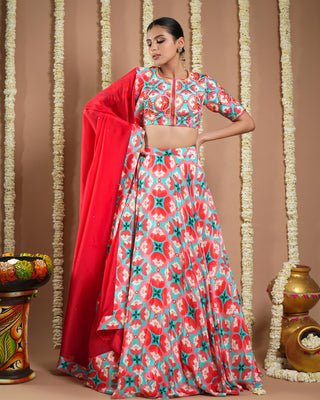 Red tile printed avyanna lehenga set