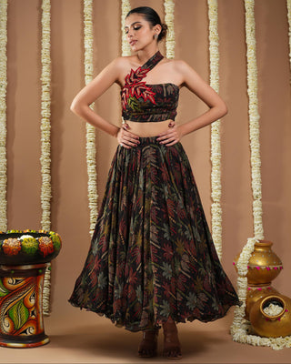 Black printed avyanna drape top and skirt set