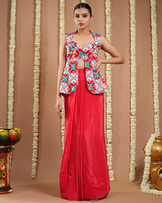 Red tile printed coat avyanna drape skirt set