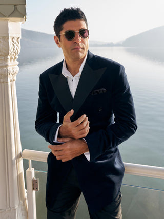 Blue velvet peak lapel double breasted tuxedo set