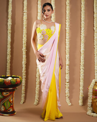 Yellow & pink flower avyanna pre-draped saree