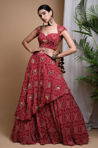 Red sitara bandhani digital print indo lehenga set