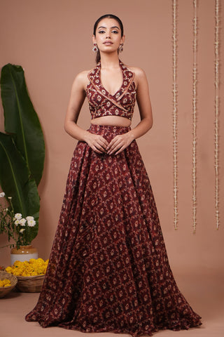 Lehenga set for Indian Wedding – Maroon Halter Neck by AHI Clothing