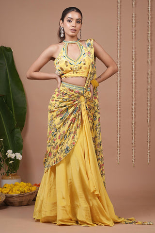 Drape saree for Indian Wedding – Bright Yellow Halter Neck by AHI Clothing