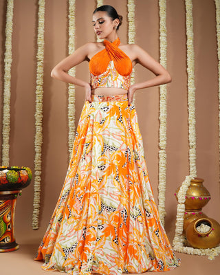 Orange printed corset drape indo avyanna lehenga set