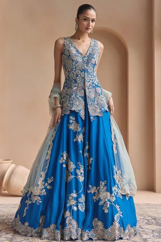 Lehenga Set for Indian Wedding - Blue Off The Record Embroidered Peplum Jacket Lehenga Set by Osaa by Adarsh at Mrs. G

