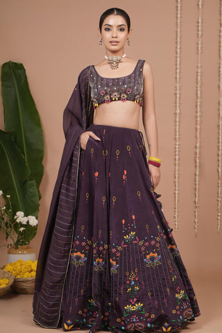 Lehenga set for Indian Wedding – Dark Purple Printed by AHI Clothing