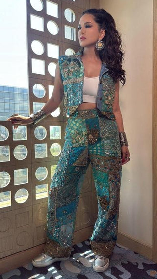 Jacket Resort Wear - Blue Embellished Pant with Sleeveless Jacket by Banjara Trail