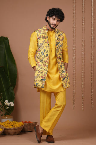 Kurta pajama set for Indian Wedding – Yellow Printed Open Jacket by AHI Clothing
