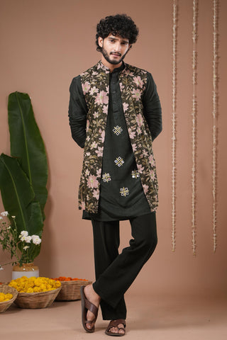 Kurta set for Indian Wedding – Olive Green Heavy Sheer Jacket by AHI Clothing