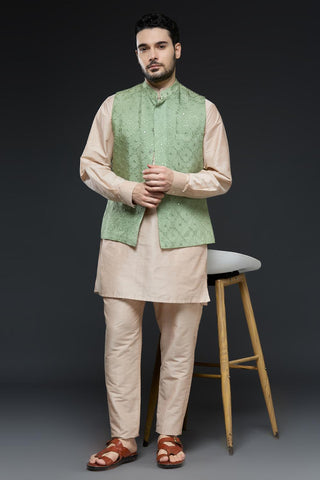 Sage green art mirror work vest with beige kurta and slim pant set