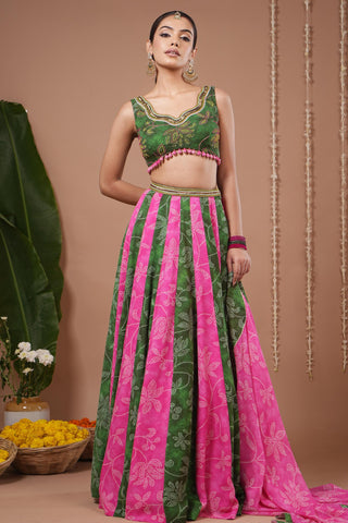 Lehenga set for Indian Wedding – Green Pink Bandhani Floral by AHI Clothing
