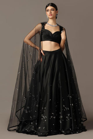 Black satin lehenga set with draped blouse
