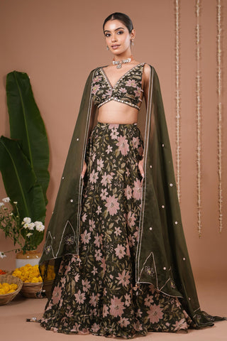 Organza lehenga for Indian Wedding – Olive Green Floral Printed by AHI Clothing