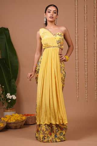 Saree dress for Indian Wedding – Yellow Printed by AHI Clothing