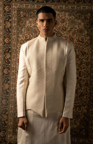 Ivory raw silk bandhgala set