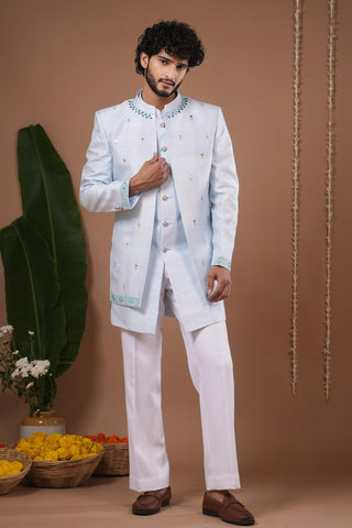 Jodhpuri set for Indian Wedding – Sky Blue Open Jacket by AHI Clothing