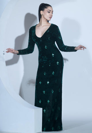 Green fitted sleeve maxi gown
