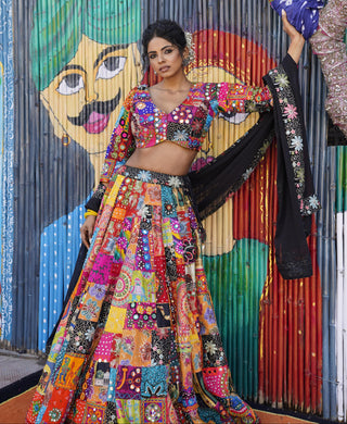 Lehenga Set Bohemian Wear - Multicolor Patchwork Lehenga Set by Banjara Trail