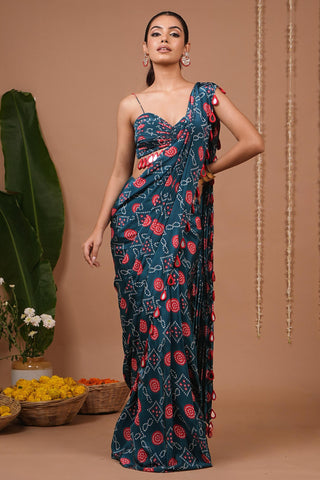 Drape saree for Indian Wedding – Teal Blue Red Bandhej Printed by AHI Clothing