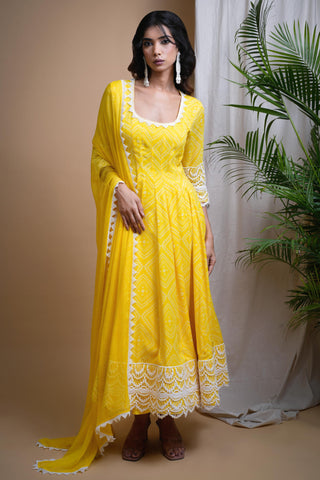 Yellow sitara bandhani digital print anarkali set
