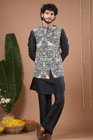 Nehru jacket set for Indian Wedding – Navy Blue Digital Print by AHI Clothing