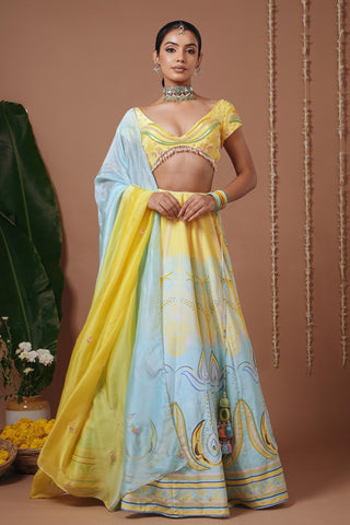 Lehenga set for Indian Wedding – Yellow Firozi Printed by AHI Clothing