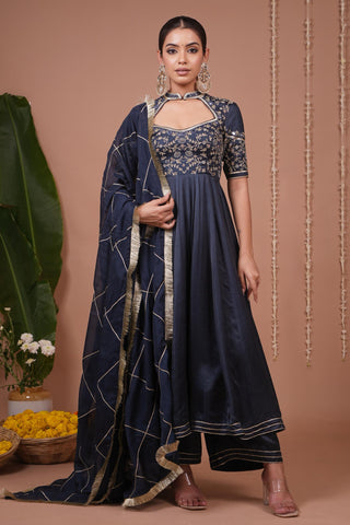 Anarkali suit for Indian Wedding – Navy Blue Silk Satin by AHI Clothing