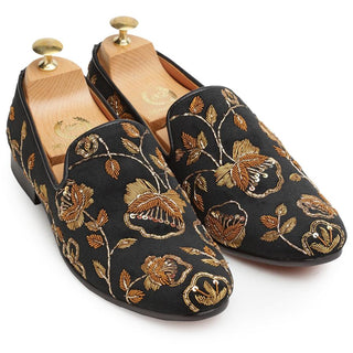 Black golden flora slip-ons